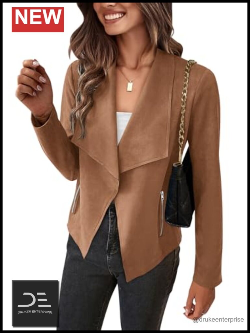 Faux Suede Women's Cropped Jacket Open Front Waterfall Collar Fall Coat